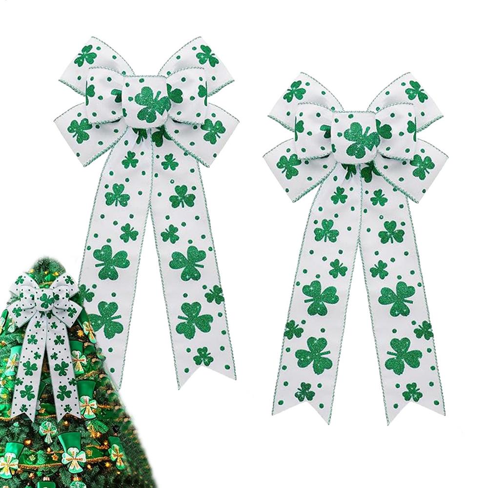 St. Patricks Day Schleife für Kranz 2X Weiß Grün Glitzer Kleeblatt Schleife Große Baumspitze Schleifen Irischer Haustürschmuck
