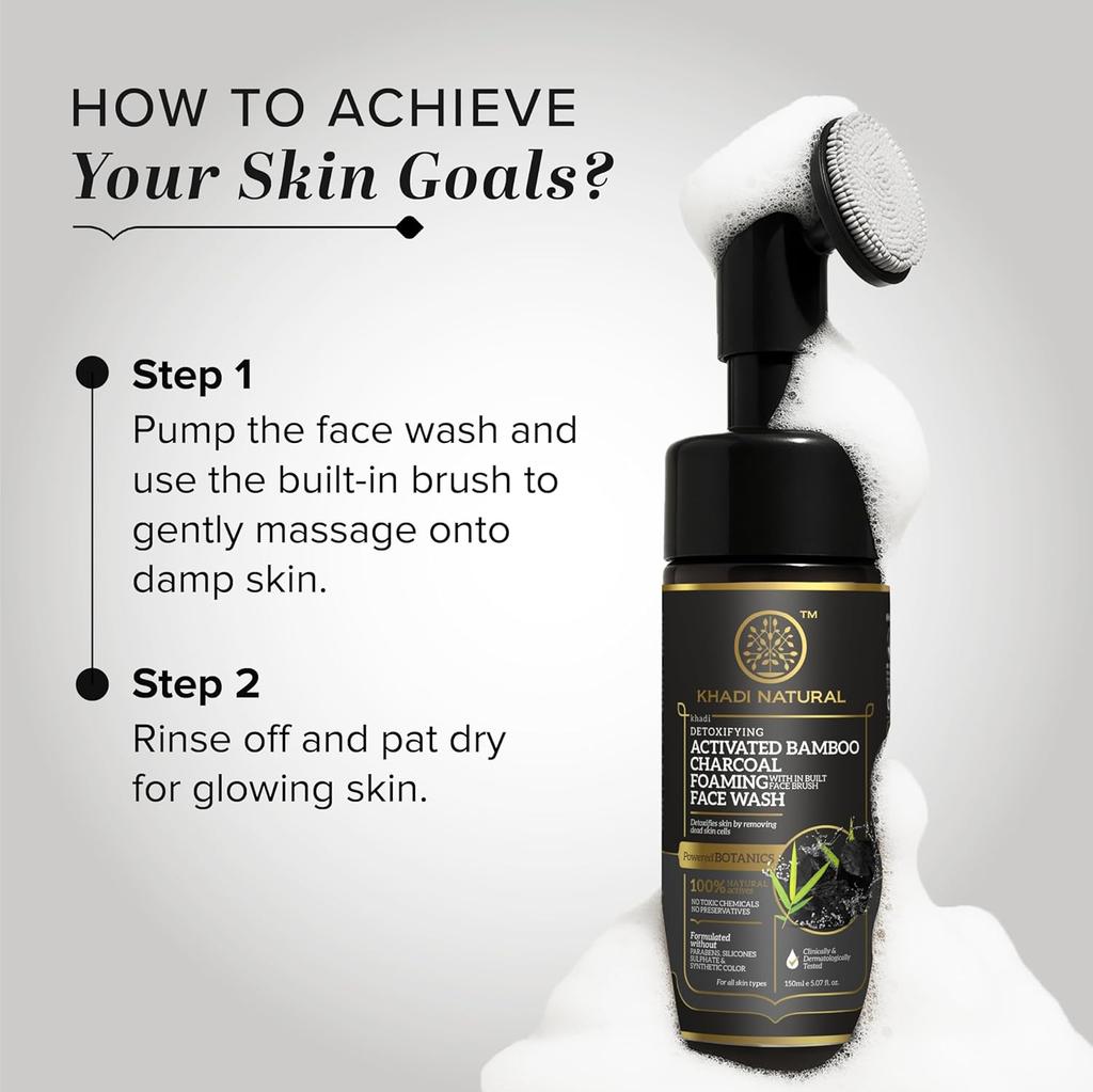 KHADI NATURAL Activated Bamboo Charcoal Foaming Face Wash With Built In Brush Deep Pore Cleanser Anti Pollution 150 Ml