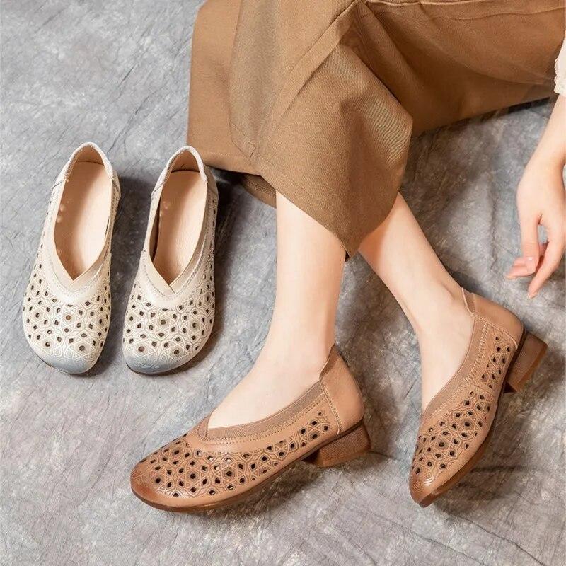 Johnature Vintage Sandaler i Ekte Skinn Slip-on Casual Rund Tå Myk Såle Komfortable Damesko