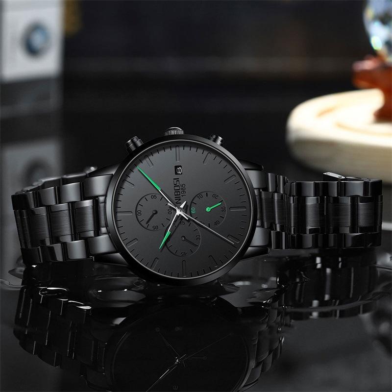 NIBOSI Men's Watch Black Fashion Simple Style Precision Travel Time Multi-functional Waterproof Luminous Quartz Watch