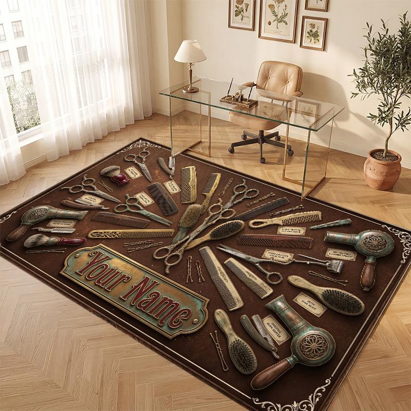 Barber Salon Theme Soft Crystal Velvet Rug Custom Name & Text Print Non Slip Floor Rug for Bedroom Living Room