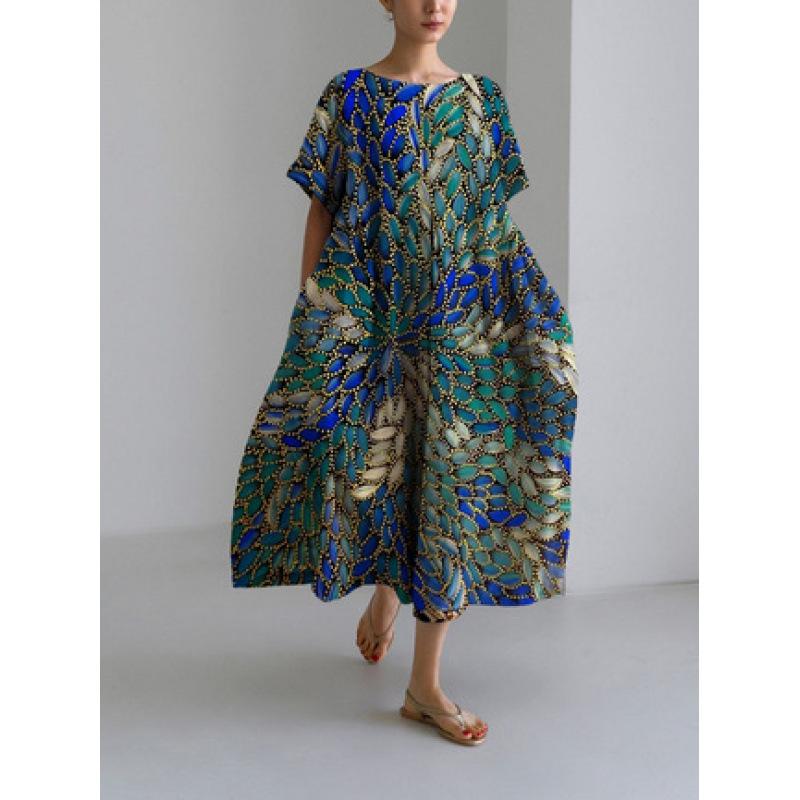 Damen Sommer Übergröße Gestreiftes Print Maxikleid, Lässiges Lockeres Rundhals Kurzarm Oversized A-Linien-Kleid