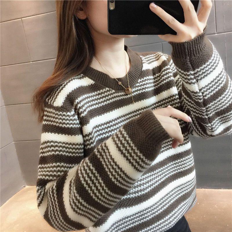 

Женский свитер осень/зима свободный ретро полосатый круглый вырез ленивый толстый вязаный свитер 3XL темно-коричневого
