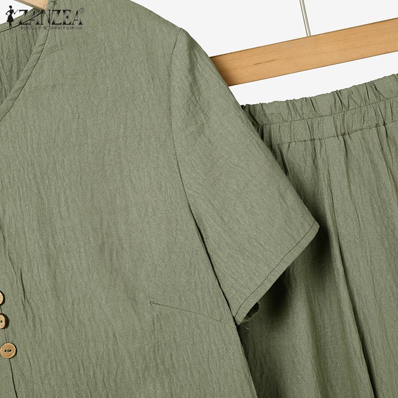 ZANZEA Women Short Sleeve Blouse and Cropped Pants Summer Two Piece Suit Sets