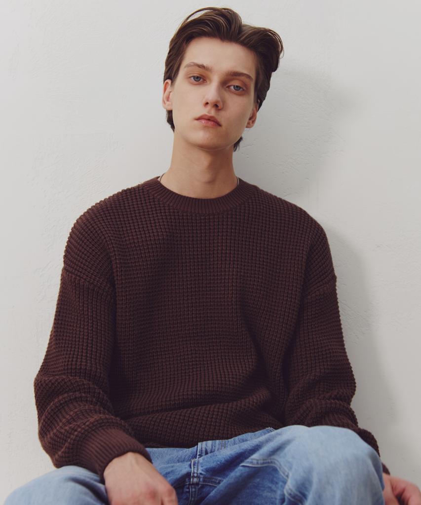 KNITTED Heavy Waffle Round Knit Brown