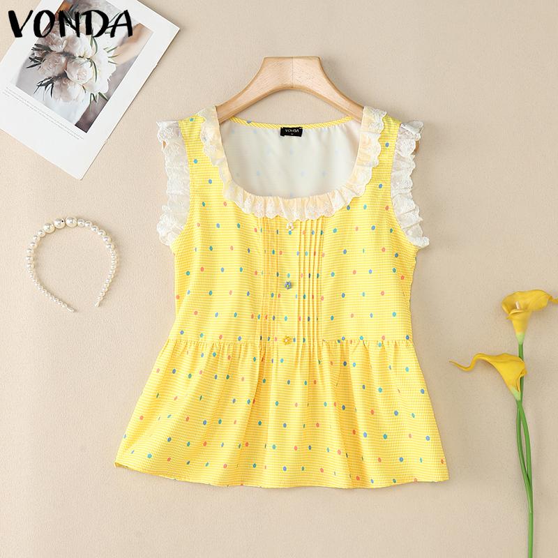VONDA Women Lace Patchwork Sleeveless Plaid Polka Dots Casual Tank Tops