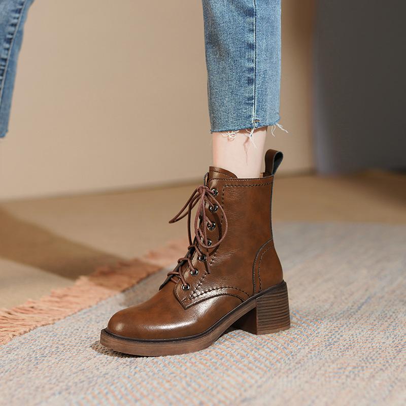 Fall Shoes Women Boots Square Toe Chunky Heel Women Shoes Retro Genuine Leather Modern Boots Short Boots Winter Boots Heels