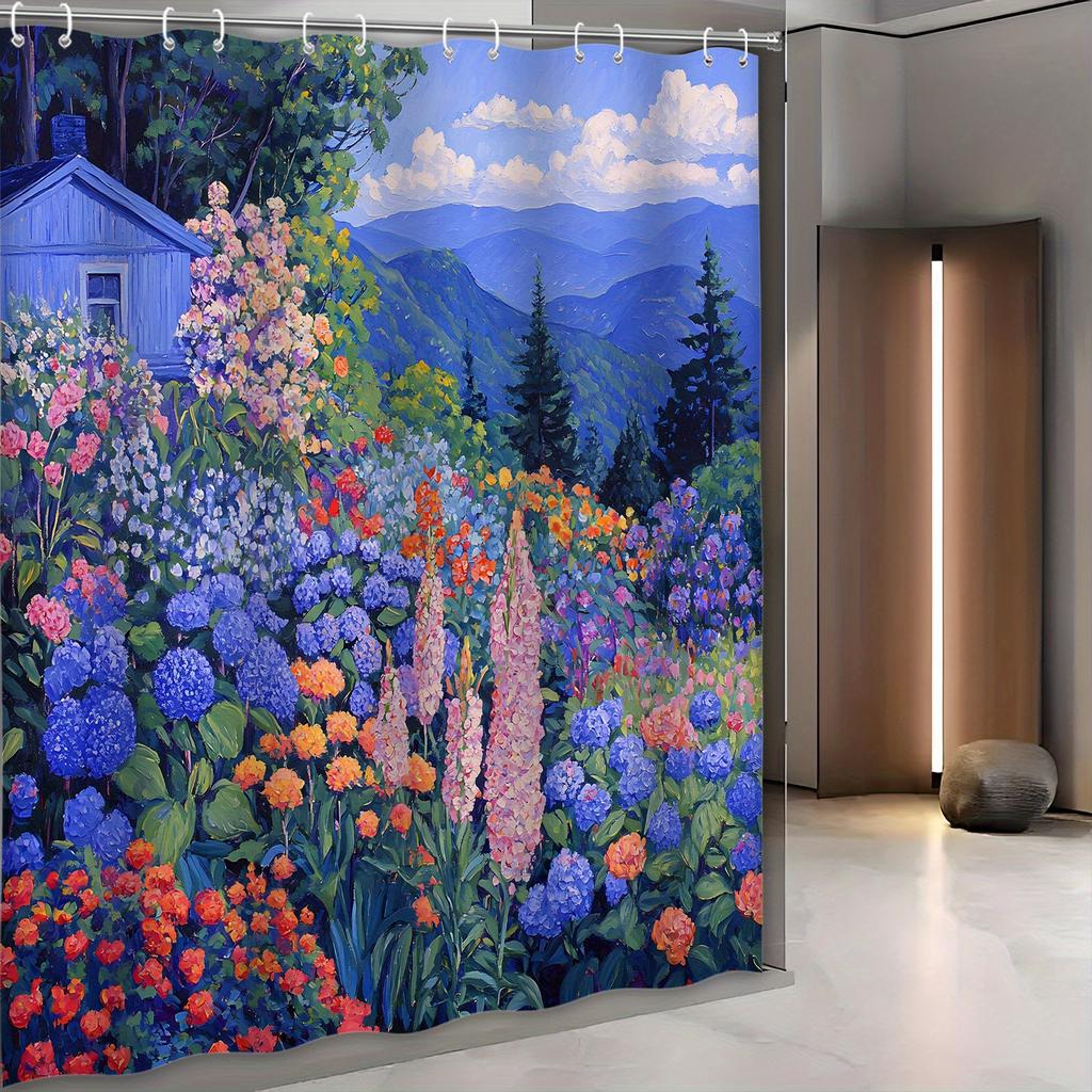 Vibrant Garden Shower Curtain - Blue House & Flowers, Rolling Hills, Polyester, Machine Washable, Perfect Bath Decor