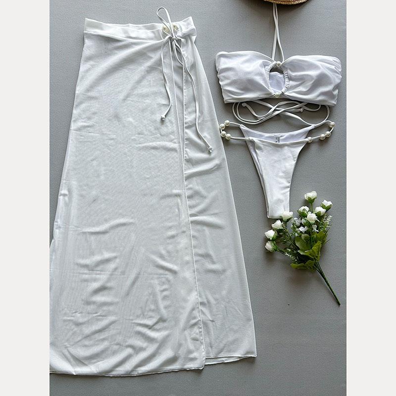 Nowy Seksowny Damski Strój Bikini Halter Wiązany Koronkowy Zestaw Spódniczek z Wysokim Stanem Damski Letni Strój Plażowy Trzyczęściowy Strój Kąpielowy