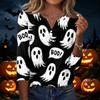 Womens Casual Halloween Print V Neck Button Up Three Quarter Sleeve T Shirt Top with Pumpkin and Pattern for Holiday