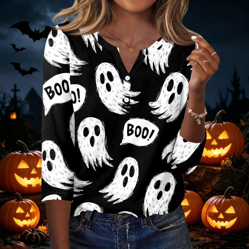 Womens Casual Halloween Print V Neck Button Up Three Quarter Sleeve T Shirt Top with Pumpkin and Pattern for Holiday