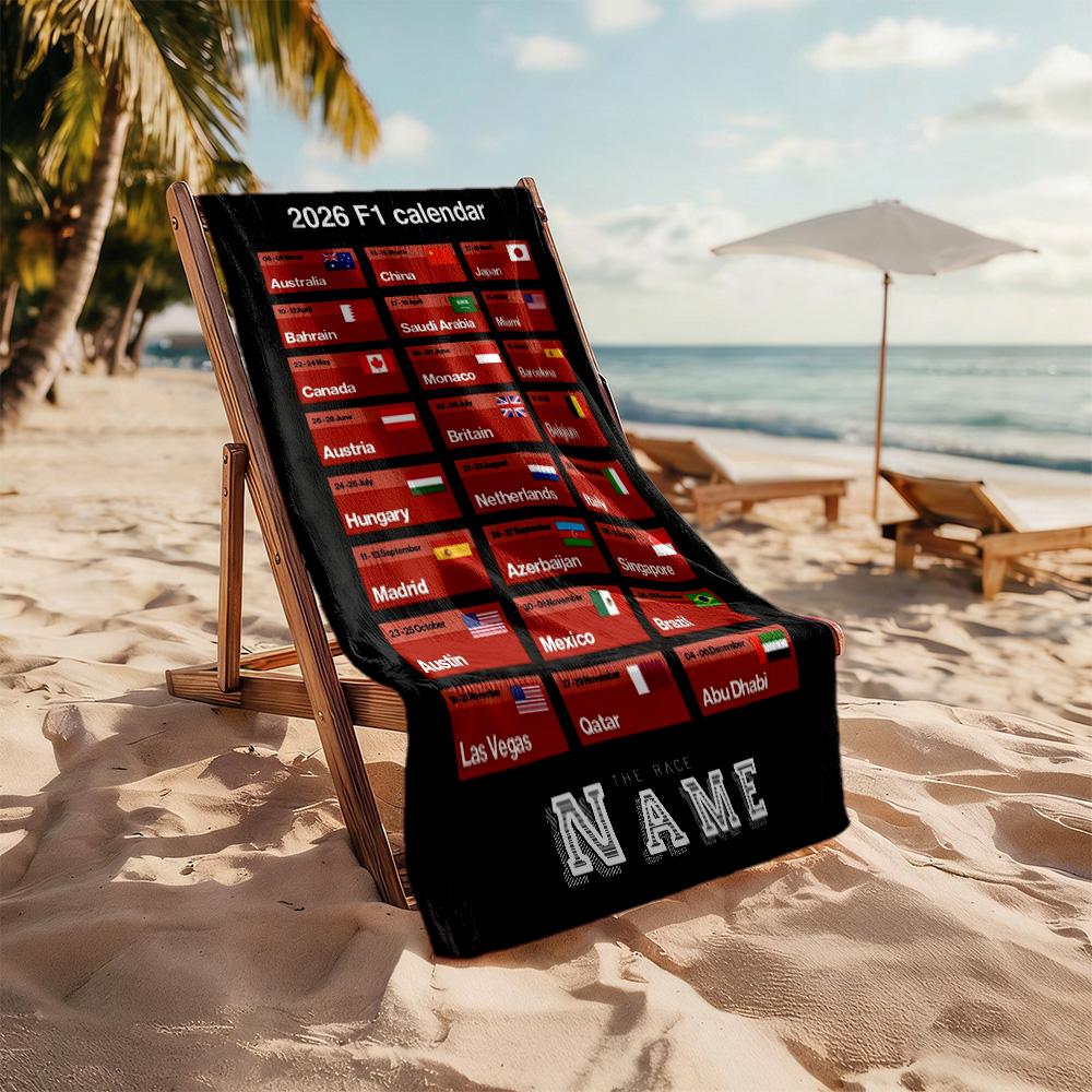 F1 Calendar Customized Name Beach Towel Super Soft Microfiber Quickdry Fabric Perfect for Traveling Yoga Camping and Swimming