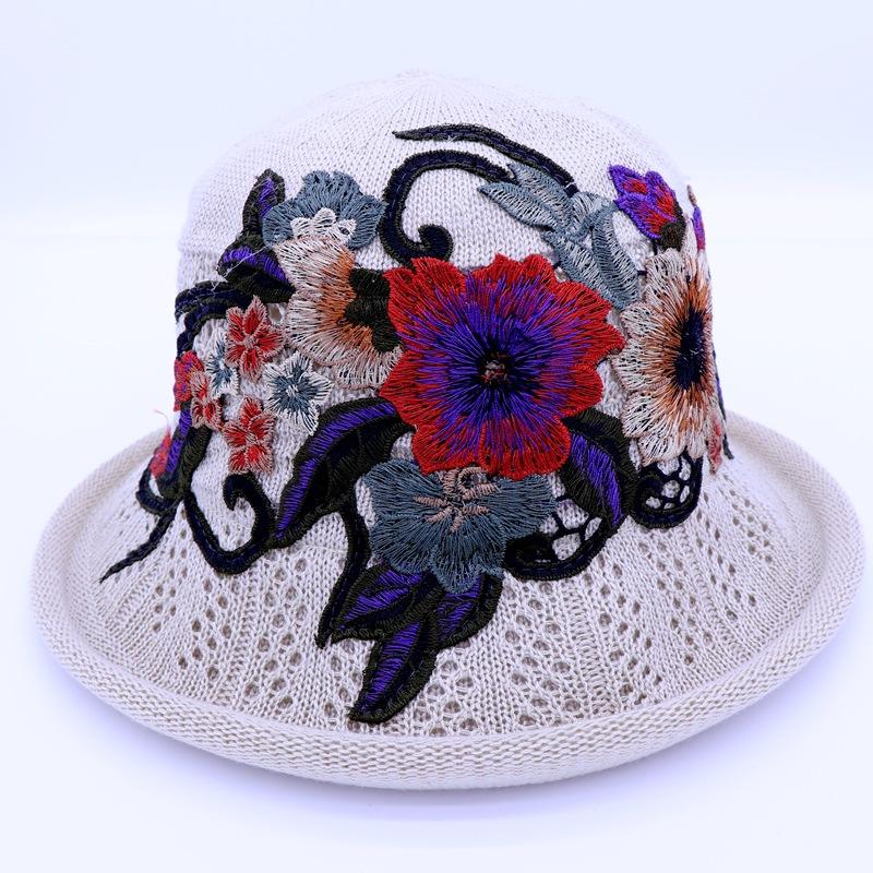 Vår og sommer etnisk vind broderi blomst sammenleggbar hatt dame strikkelue sandbøttehatt