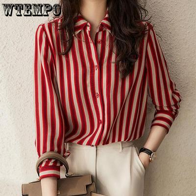 Camisa Listrada Vermelha Feminina Primavera e Outono Top Estilo Francês Temperamento Camisa Base