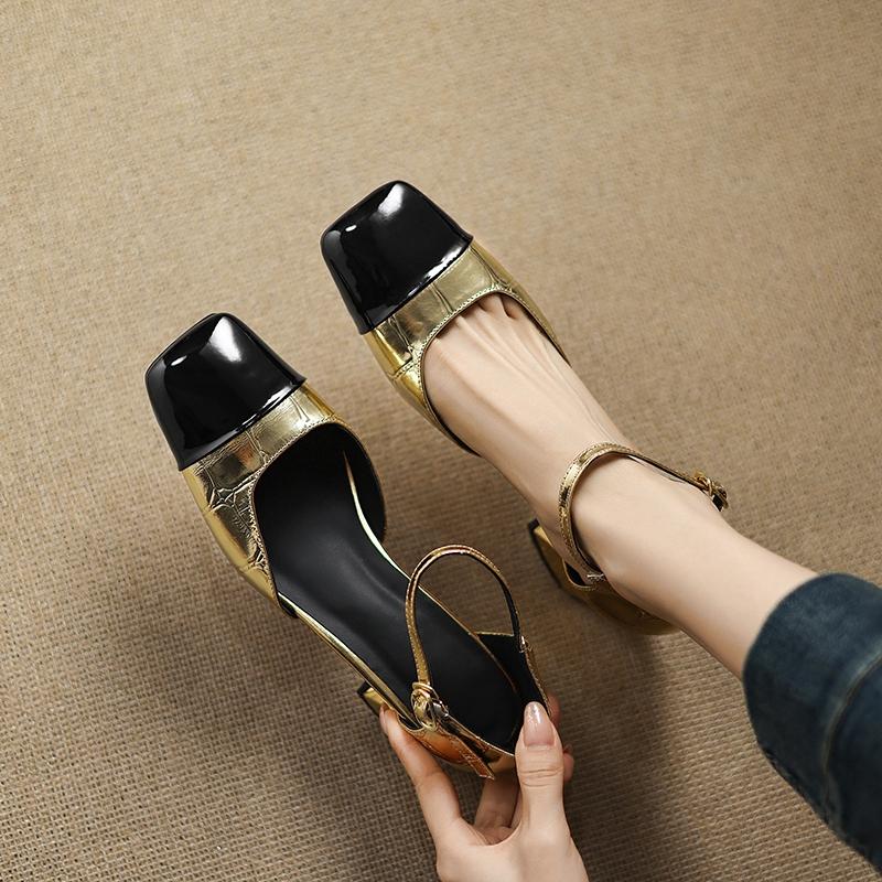 Fashion Women's new spring/summer color blocked leather square toe high-heeled high-heeled oversized elastic belt buckle toe sandals