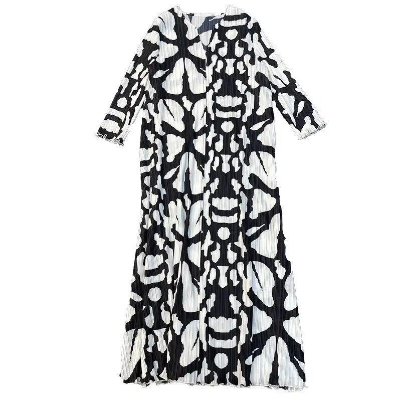 Rochie de vară cu mâneci 3/4 pentru slăbire, cu decolteu în V, imprimeu geometric, la modă, pliată, lejeră, lejeră