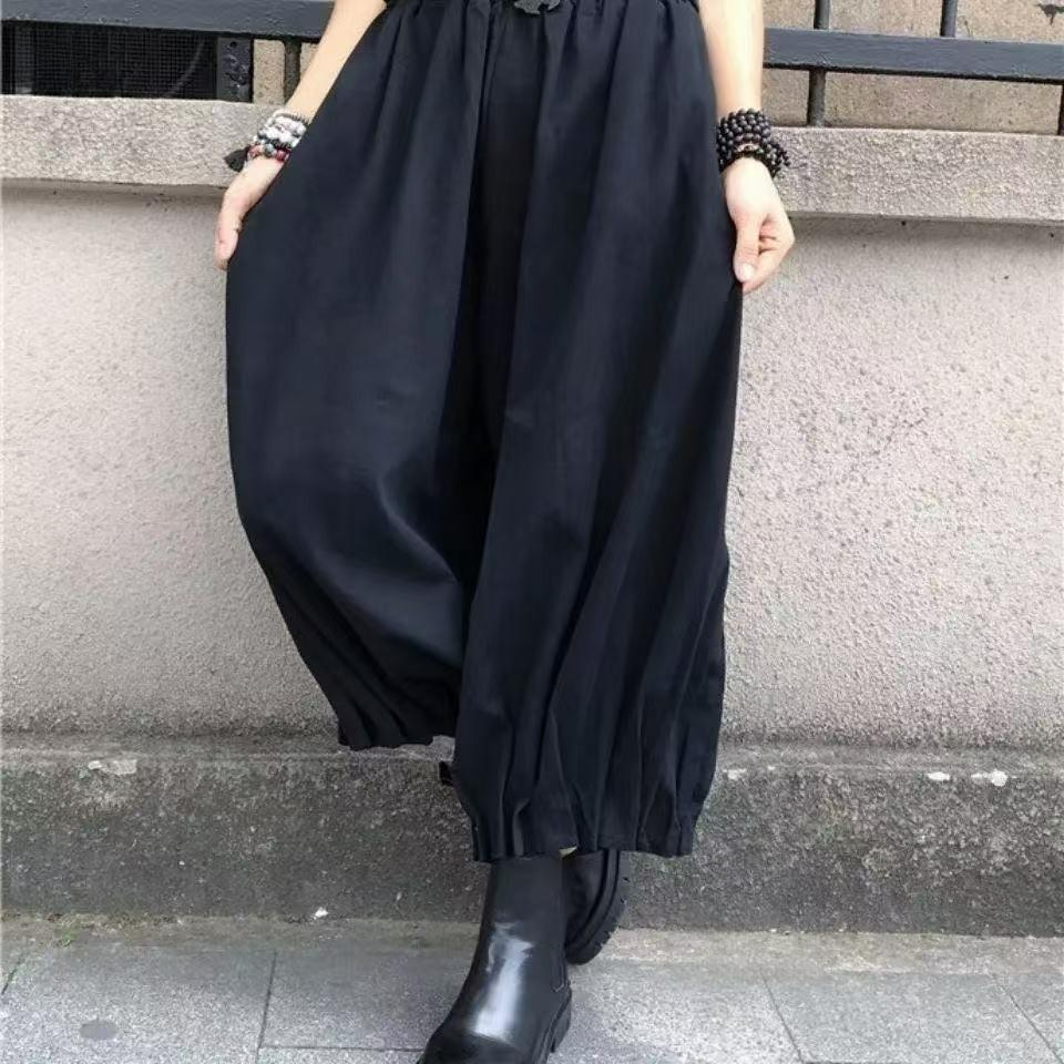 Plus Size Women's Spring and Summer Wide-leg Pants Bf Style Casual Pants Elastic Waist Nine-point Pants Loose Pleated Bloomers