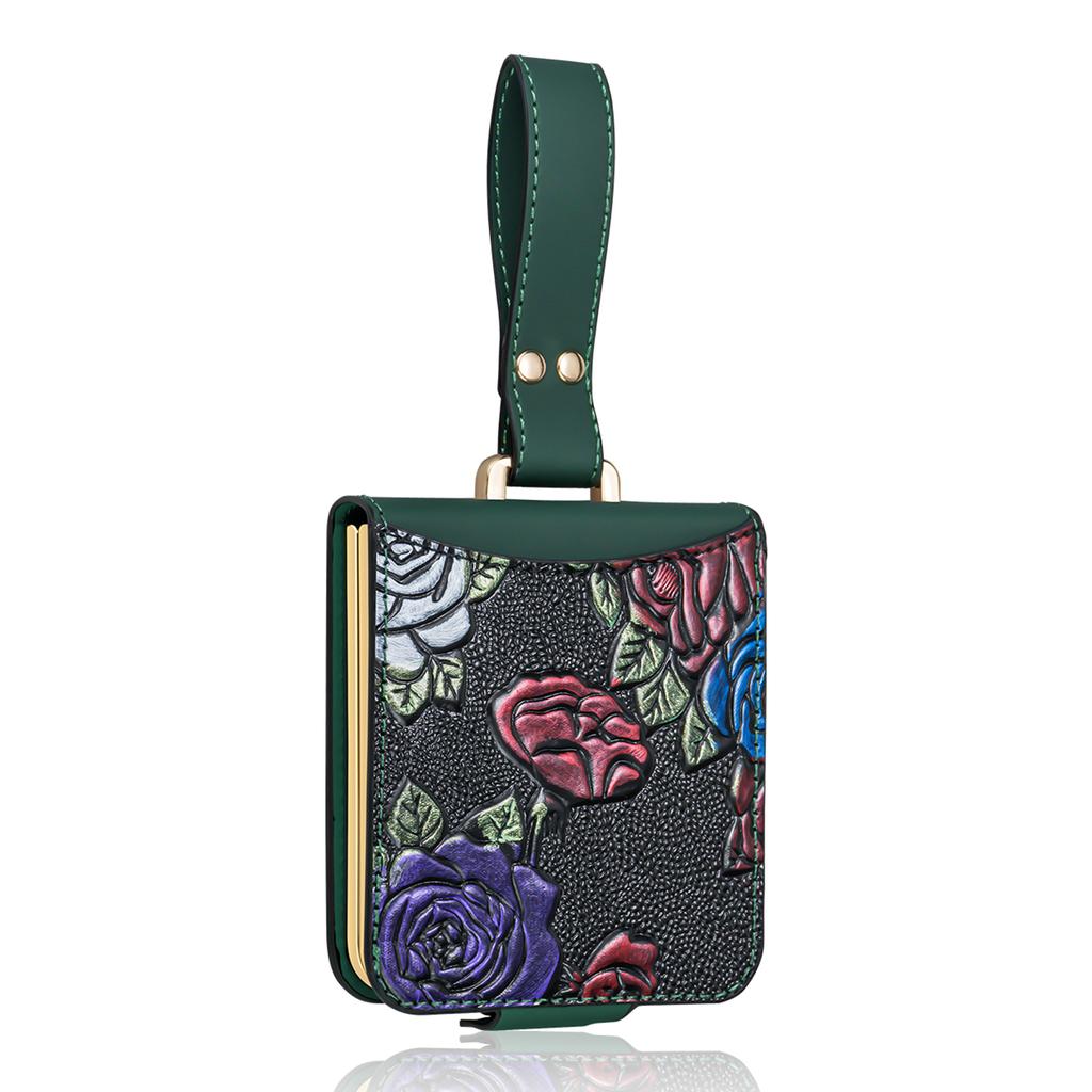 For Samsung Galaxy Z Flip7 5G Kickstand Case Flower Pattern Leather+PC Phone Cover with Back Film