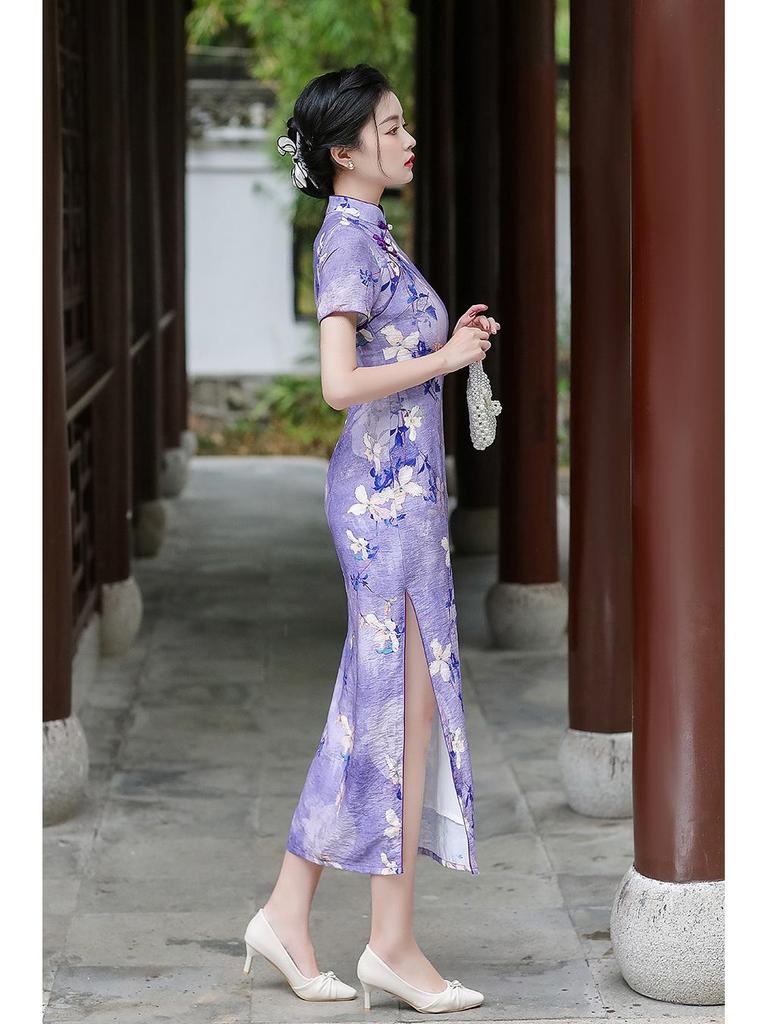 2024 Spring/Summer Elegant Retro Double-Layer Silk & Linen Short-Sleeve Cheongsam Dress
