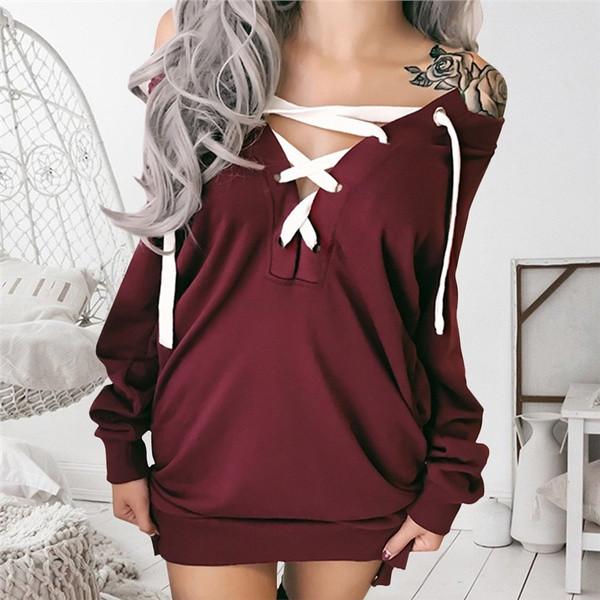 Women Sexy Lace Up Bandage Deep Off Shoulder Hoodies With Long Loose Pullover Sleeves