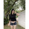 Front Shoulder Round Neck Open Navel Short-sleeved T-shirt for Women, Summer New Sweet and Spicy Slim-fit Short Top