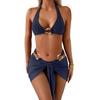 Set Costume da Bagno da Donna 3 Pezzi Set Reggiseno a Collo Alto Slip Vita Alta Sollevamento Fianchi Gonna Protezione Solare Fibbie Metalliche Costumi da Bagno da Spiaggia