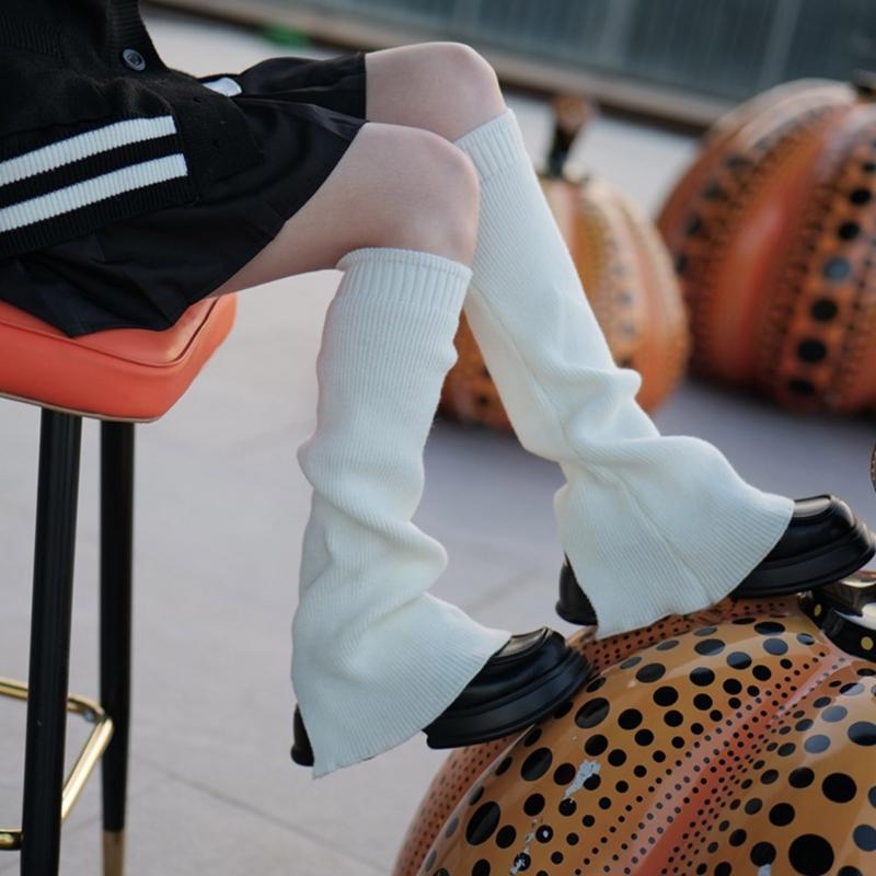 Winter Fall Knitted Leg Warmers Japanese Korean Style Wide Leg Cover Y2K Flared Split Knee High Long Socks for Women
