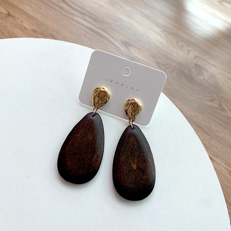 Korean Retro Geometric Wooden Stud Earrings with Metal Letter Dangle