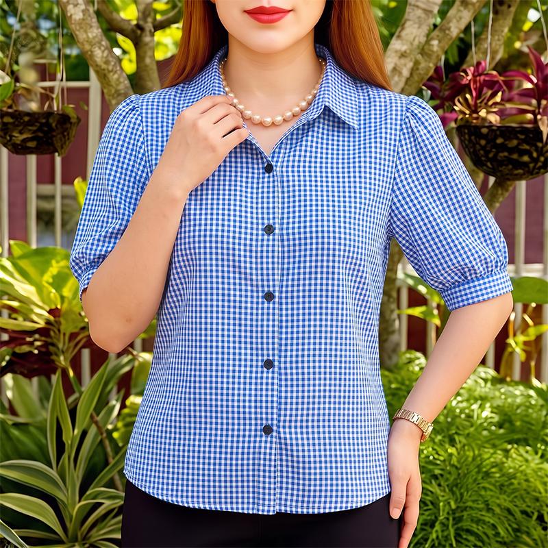 ZANZEA Women Plaid Print Casual Turn Down Collar Short Sleeve Blouse S синий