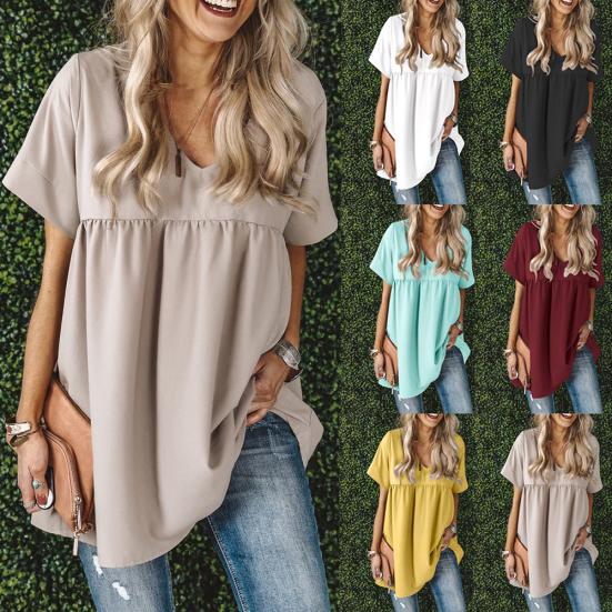 

Женская повседневная рубашка с V-образным вырезом и коротким рукавом, однотонная блузка с оборками