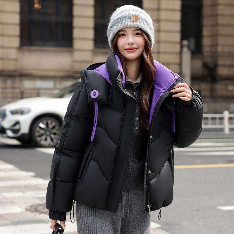 Cold-proof clothes women's short hooded contrasting colors winter new large-button casual cotton-padded clothes and cotton-padded jackets