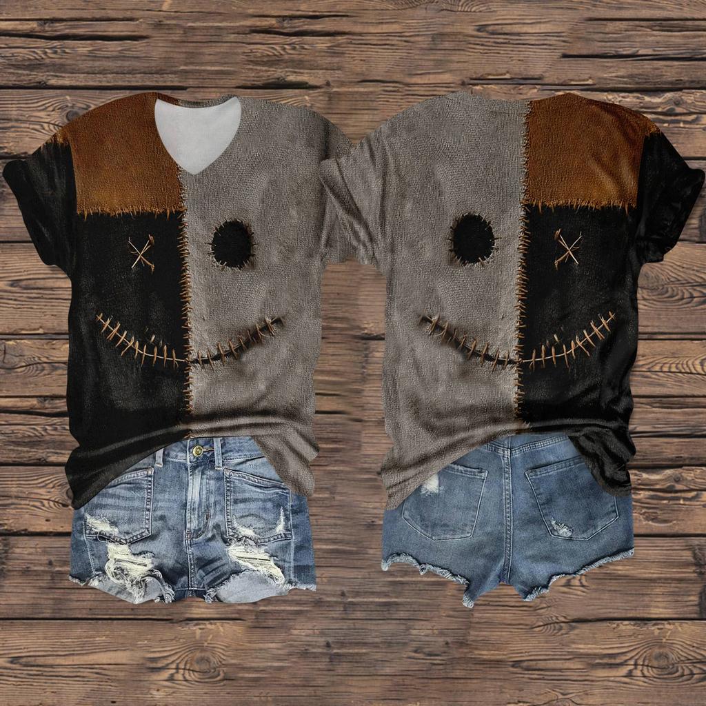 Women's Fashion Casual Three-quarter Sleeve Halloween Letters,  Face Print Top