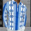 Men Plus Size Long Sleeve Collared Quarter Zip Polo Shirt Blue Geometric Printed