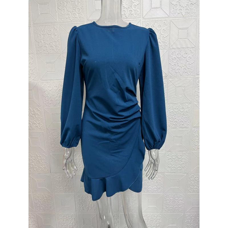 Spring and Autumn Women's Dress Solid Colour Bubble Sleeve Net Package Hip Dresses