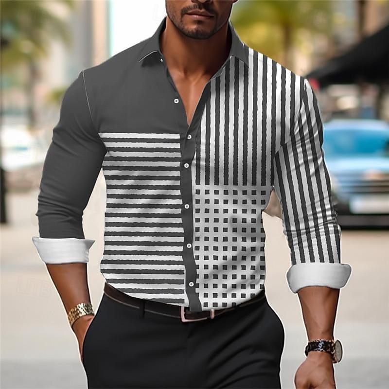Striped men's business casual 3D printed shirt for outdoor wear, daily work folding, long sleeved oversized xs-6xL for comfort