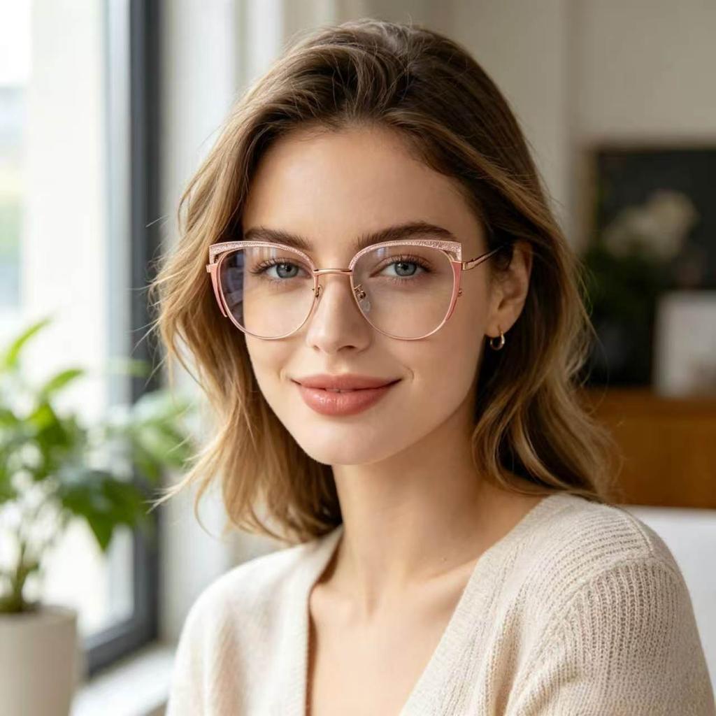 European and American new fashion anti-blue glitter glasses cat eye frame female metal personality trend versatile street shot flat mirror