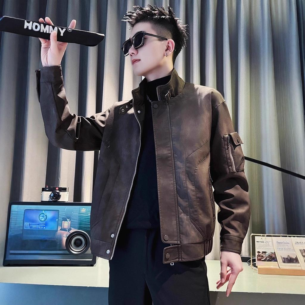2025 new American men's leather jacket spring and autumn popular men's clothing high-end sense versatile loose jacket