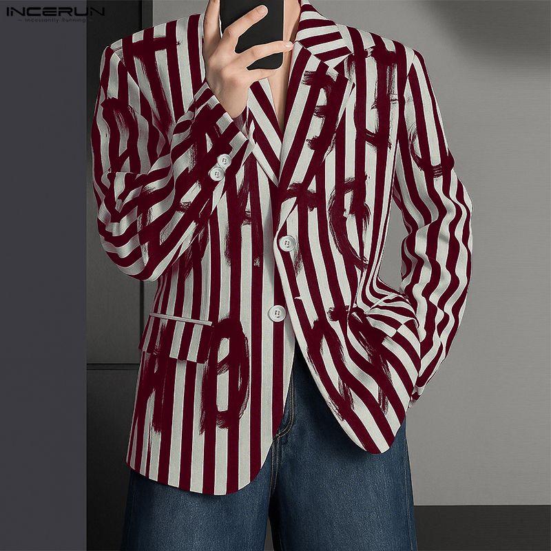 INCERUN Oversized Spring Men Lapel Neck Long Sleeve Striped Button Thin Blazer Coats