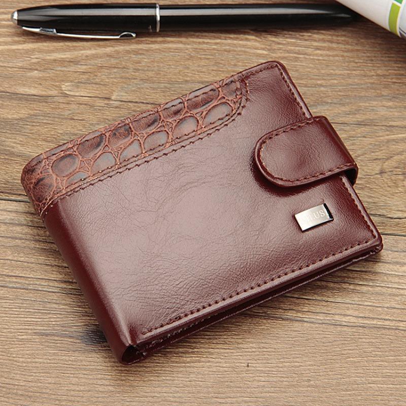 Men's small card bag buckle short money ticket clip splicing change bag horizontal leather wallet, men