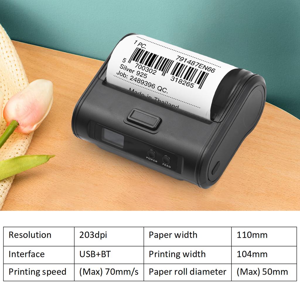 Bezdrátová termální tiskárna účtenek 4palcová 110mm přenosná mobilní tiskárna 203dpi jasný tisk BT+USB