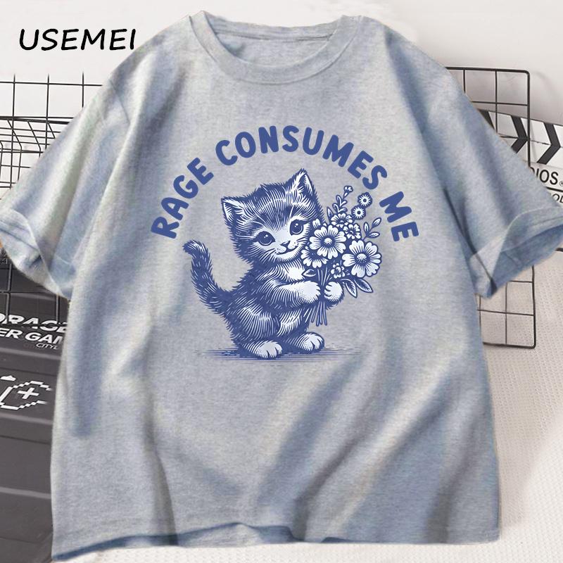 Rage Consumes Me Cat T-shirt Weirdcore Funny Hilarious Kitten Meme Unhinged T Shirt Health Dark Humor Tshirt Men's Clothes