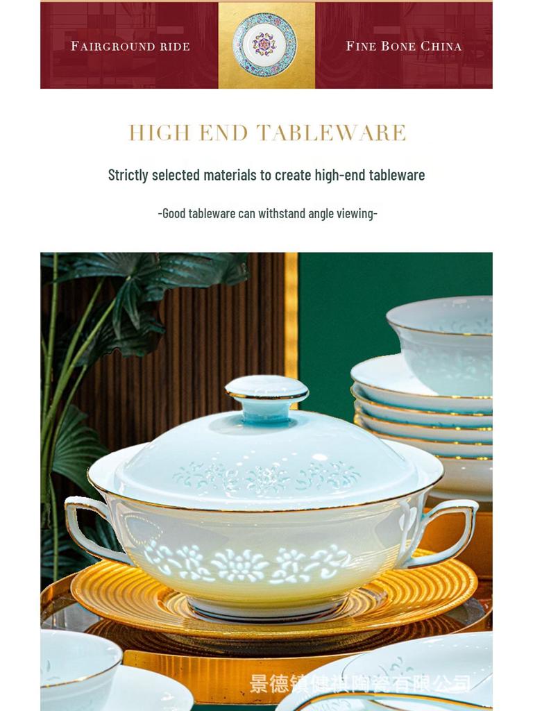 High-Temp Linglong Blue and White Porcelain Dinnerware Set: Elegant Underglaze Bowls & Plates