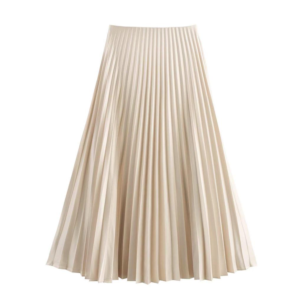2025 Spring Women's European & American Silk Satin Midi Pleated Skirt