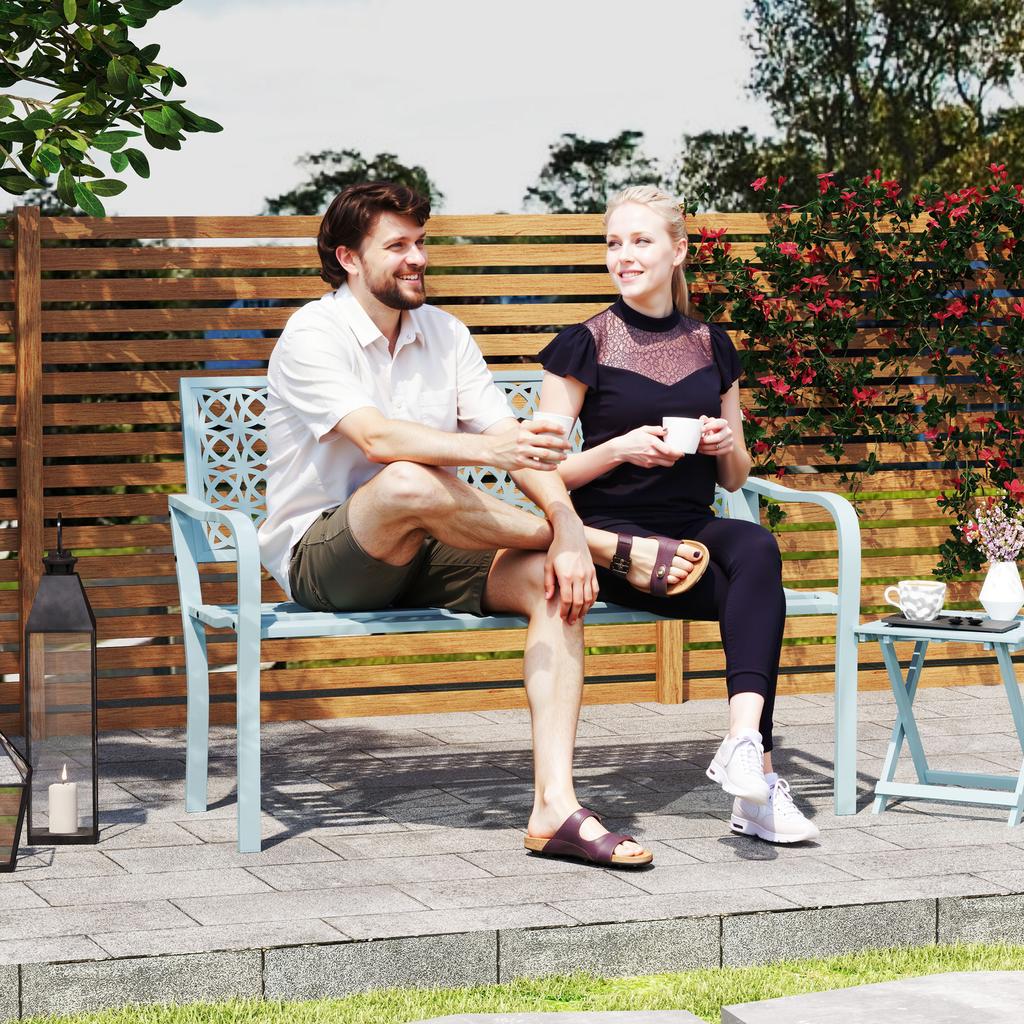 Outdoor Bench, Garden Bench Made of Steel, Cut-Out Backrest, Armrests, for 2 People, Blue