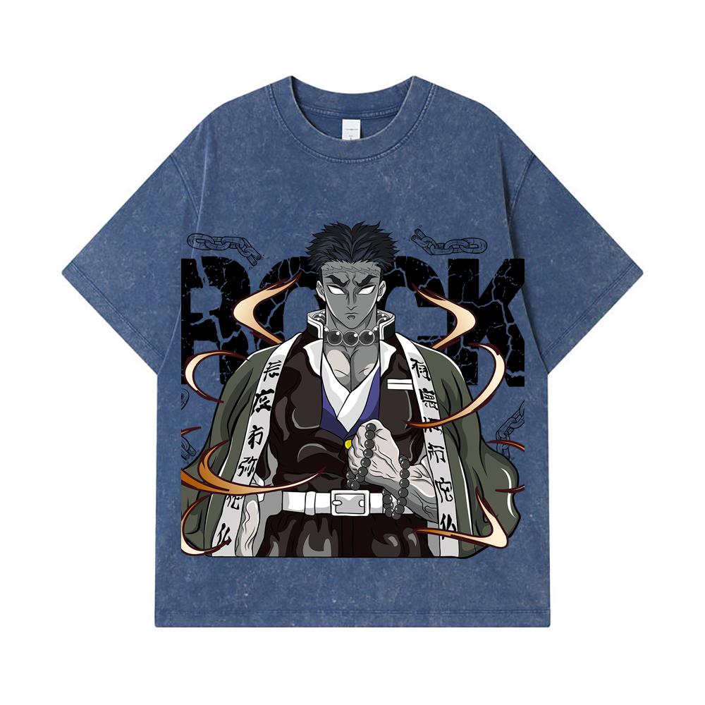 275 GSM Gewaschene T-Shirts 100% Baumwolle Demon Slayer V112 Gyomei Druck Unisex Schweres Baumwoll-T-Shirt