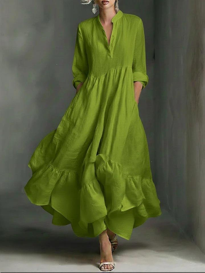 Women Solid Color Stand Collar V Notch Long Sleeve Tiered Ruffle Maxi Dress Casual Loose Fit Dress