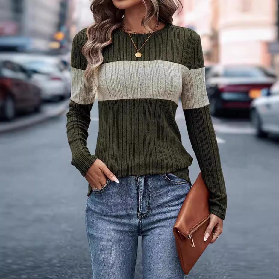 Autumn Contrasting Round Neck Long Sleeved Top Women's T-shirts