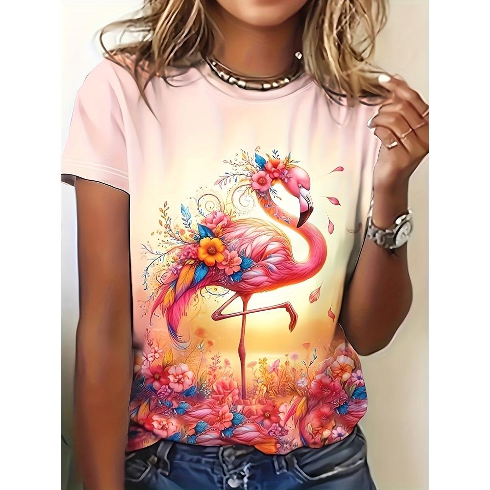 

Watercolor Flamingo Tropical Tshirt Women Casual Short Sleeve Crew Neck Summer Beach Vacation Graphic Tee Funny Daily Wear XL