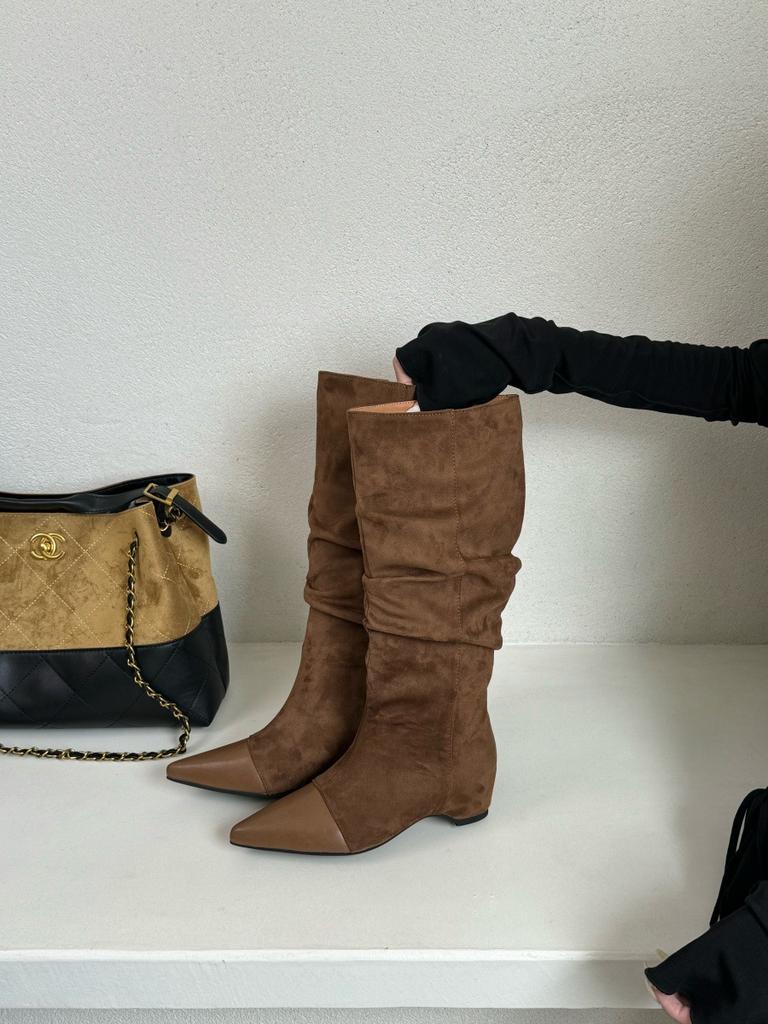 Liten man inre höjdökning men knähöga stövlar staplade stövlar damstövlar tidig höst retro mocka khaki stövlar westernstövlar