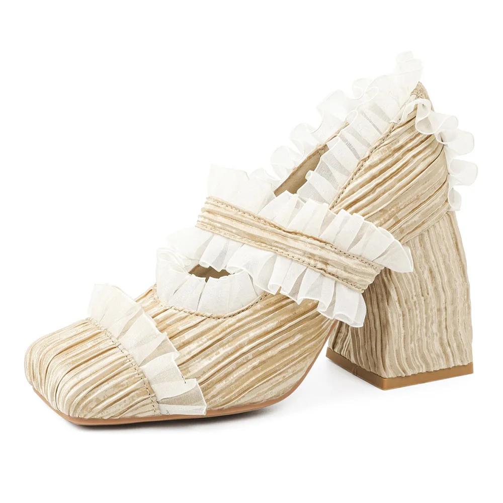 

Дизайн бренда Рюши Сладкая Лолита Мэри Джейн Туфли-лодочки Кружево Плиссированный Балетный стиль Складки Массивный Высокий каблук Обувь Женская 40 бежевый